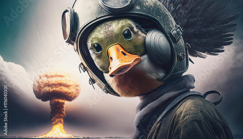 a duck that is a fighter pilot. a nuclear bomb exploding in the background