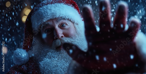 Close-up of Santa Claus waving his hand against a dark blue background with snowfall, leaving ample copy space for text. The festive atmosphere creates a happy new year concept, Generative Ai 