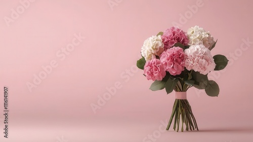 Soft pastel bouquet of hydrangeas and roses, isolated on a neutral background, perfect for an elegant wedding