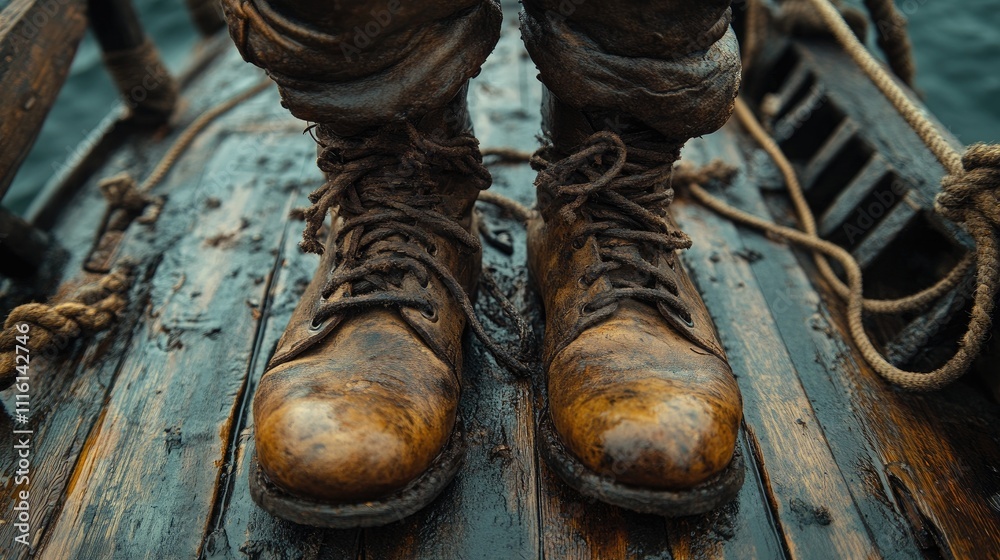 Worn leather boots on a wooden deck showcasing rustic maritime elements and adventure-ready footwear. Worn leather boots on a wooden deck showcasing rustic maritime elements and adventure-ready footwear.