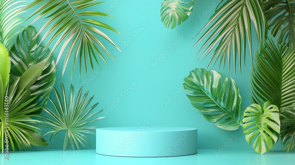 Fototapeta premium Tropical green leaves with an empty turquoise pedestal