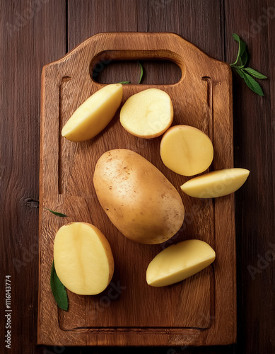 Potato on a wooden cutting board with slices or small pieces beside it