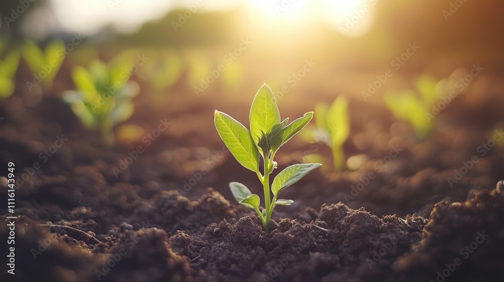 Fototapeta premium Young green pea plants thriving in fertile soil under sunlight on a vibrant farm landscape during the growing season.