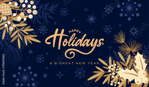 Happy Holidays Christmas card background, text, winter frame border, template printable with modern simple style, leaf, cliparts, tree branches, leaves, snowflakes, stars, pattern, blue & gold