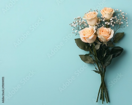 Isolated bouquet of ivory roses and delicate baby s breath, creating an elegant and timeless bridal charm photo