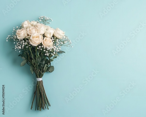 Isolated bouquet of ivory roses and delicate baby s breath, creating an elegant and timeless bridal charm photo