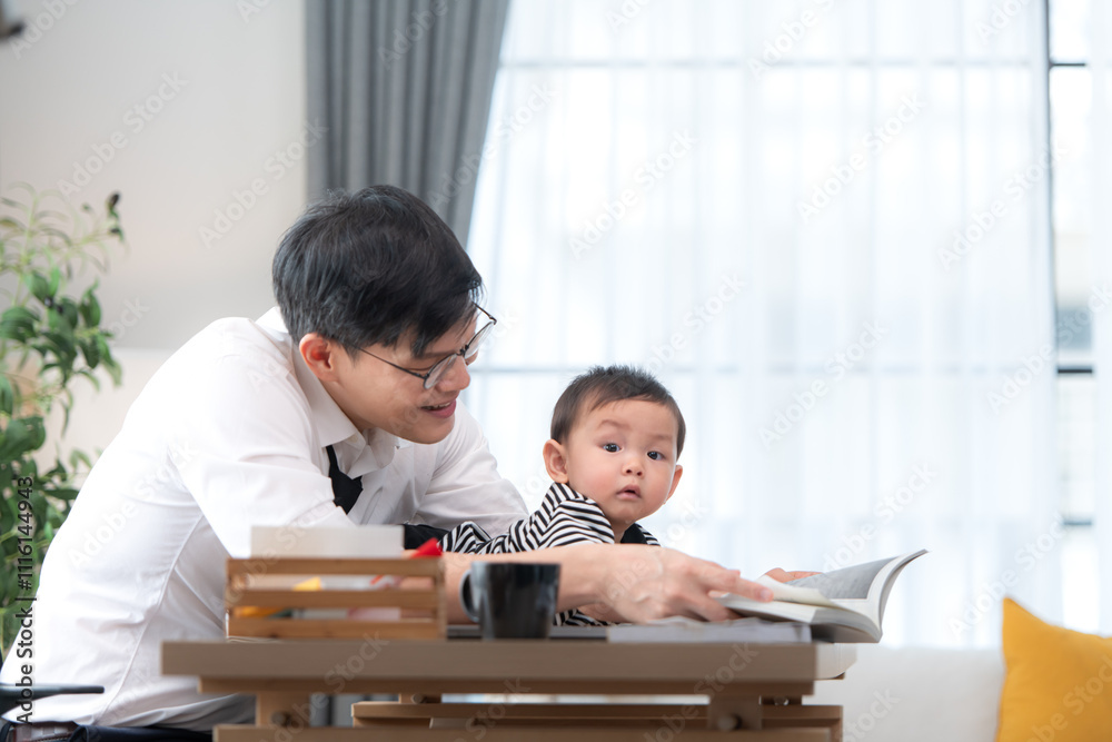 A business father and his duty to take care of his children while working A business father and his duty to take care of his children while working