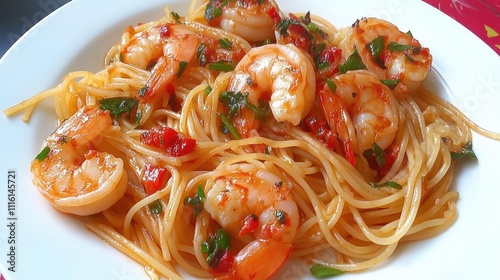 Delicious seafood pasta with shrimp and fresh herbs served on a white plate making a perfect meal for seafood lovers photo