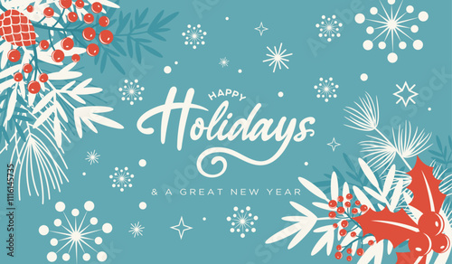 Happy Holidays card background, winter frame border, snowflakes vector with Happy Holidays text, calligraphy, phrase for Christmas Holiday card, banner, invitation, tags with floral frame design