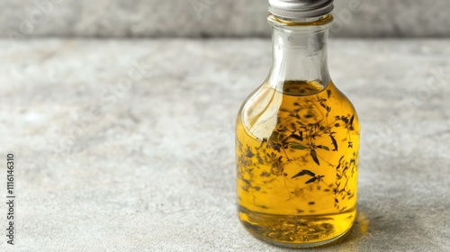 Herbed olive oil in a clear bottle with fresh herbs infused for culinary use and flavor enhancement on a textured background photo