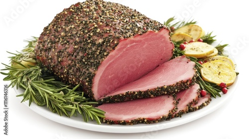 Savory sliced ham with herbs and lemon garnishment on a white plate surrounded by fresh rosemary and peppercorns photo