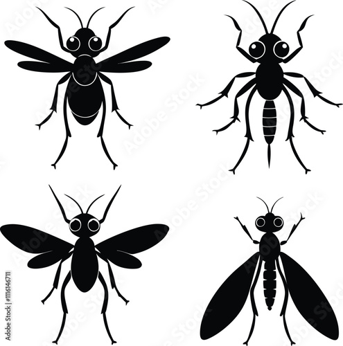 Black Silhouette of a Mosquito in Flight on White Background