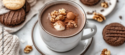 Cozy mug of cocoa adorned with cookies, nuts, and spices surrounded by a warm blanket and additional treats on a marble surface