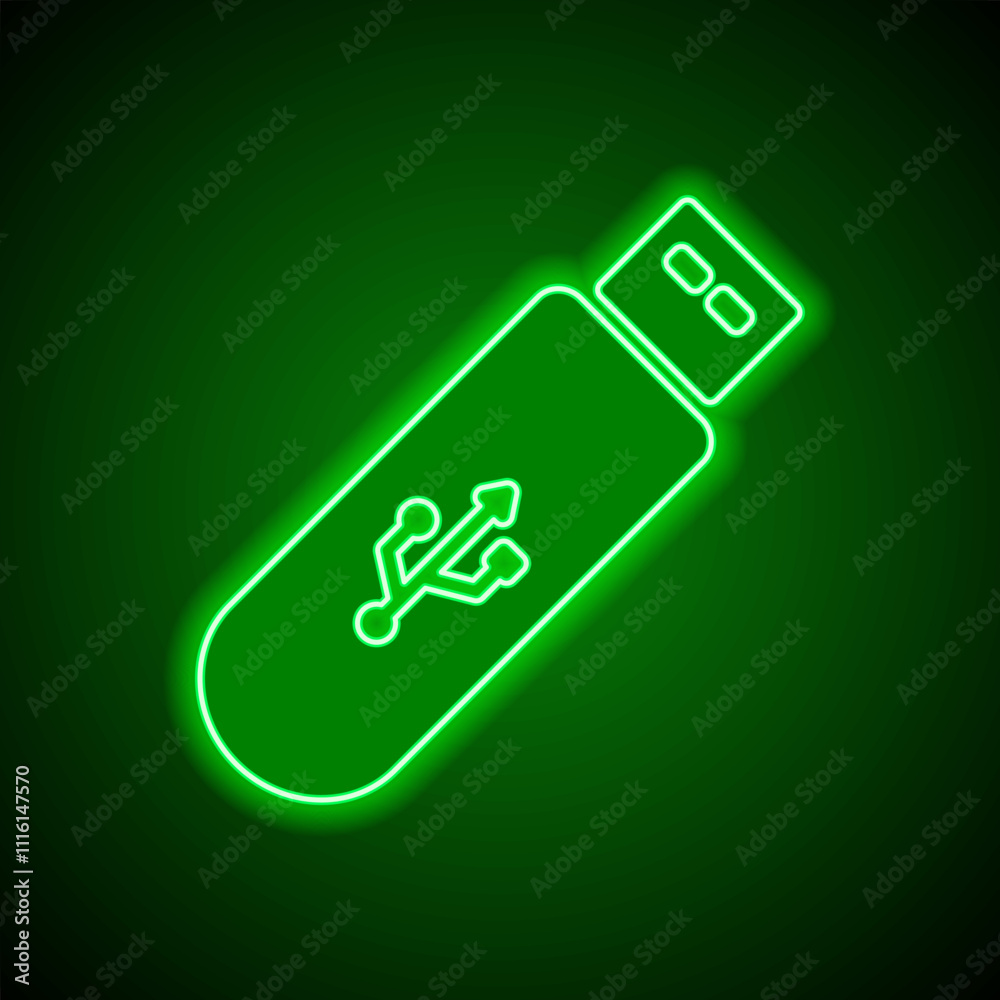 Usb flash drive simple icon vector. Flat design. Green neon on black background with green light Usb flash drive simple icon vector. Flat design. Green neon on black background with green light