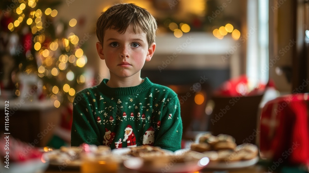 Boy in Christmas Sweater at Holiday Gathering Boy in Christmas Sweater at Holiday Gathering