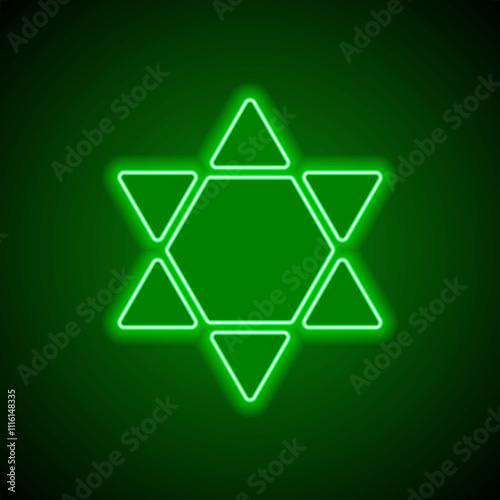 Shield of David simple icon vector. Flat design. Green neon on black background with green light
