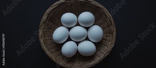 Wicker basket filled with white eggs arranged neatly on a dark background showcasing simplicity and natural elements in still life composition photo