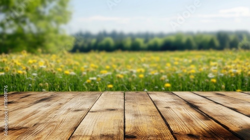 Rustic wooden table ready for product display in foreground, with a softly blurred wheat field and wildflowers in the background, nature, agriculture, product photography, summer scene. photo