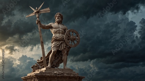 Statue of Aeolus, the god of winds, holding a windmill, standing at the center of a storm, surrounded by raging winds, with carvings depicting his magical control over the wind. photo