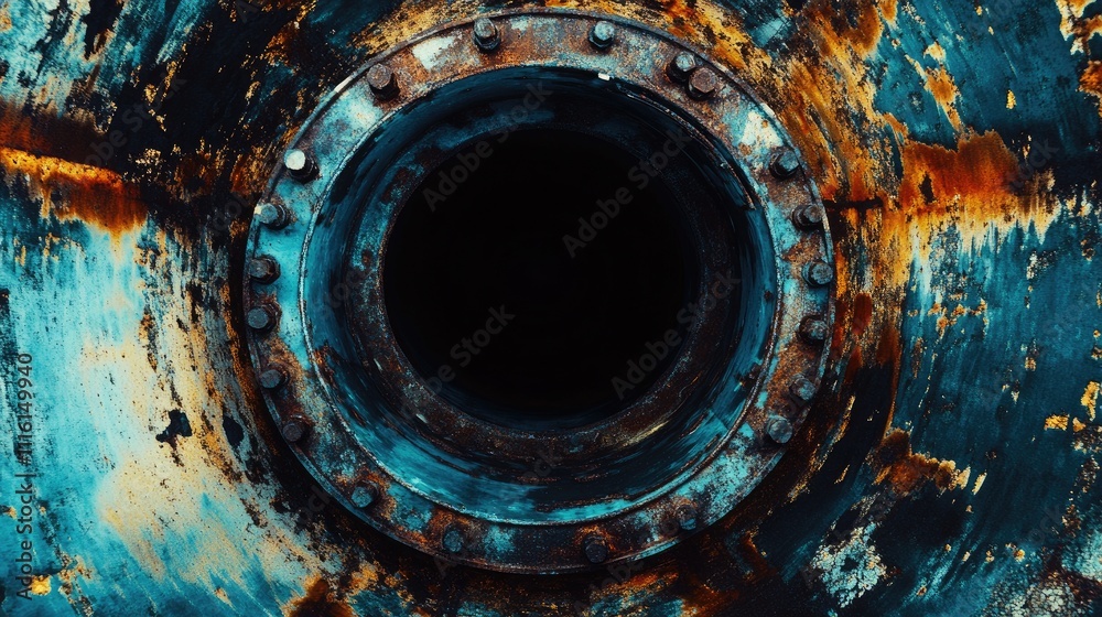 Rusty industrial machinery wheel close-up detail showcasing age and wear in an abandoned pumping station environment Rusty industrial machinery wheel close-up detail showcasing age and wear in an abandoned pumping station environment