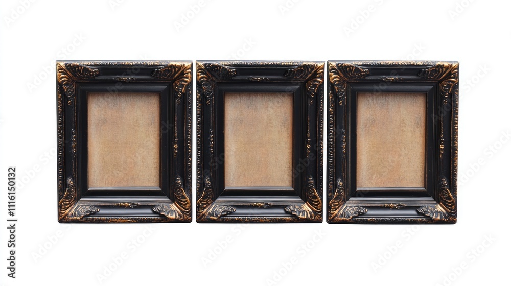 Fototapeta premium Decorative antique wooden frames set on a white background showcasing intricate carvings and vintage design elegance