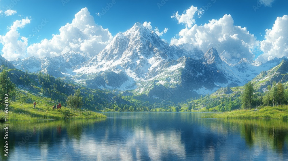 Fototapeta premium Majestic Mountain Lake Landscape with Hikers