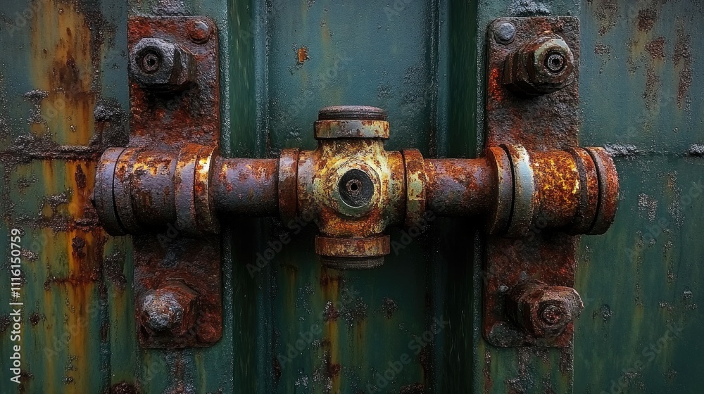 Rusty pressure balanced rubber expansion joint with corroded bolts and nuts on aged metal surface. Industrial decay and wear. Rusty pressure balanced rubber expansion joint with corroded bolts and nuts on aged metal surface. Industrial decay and wear.