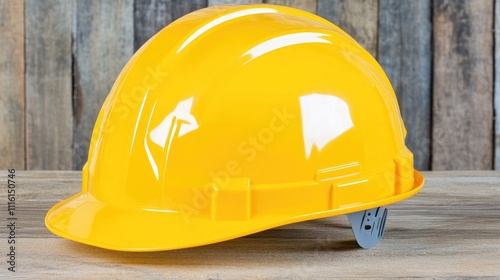 Yellow safety helmet on rustic wooden background, symbolizing construction and carpentry safety, suitable for engineering and worker themes, industrial, equipment, hard hat. photo