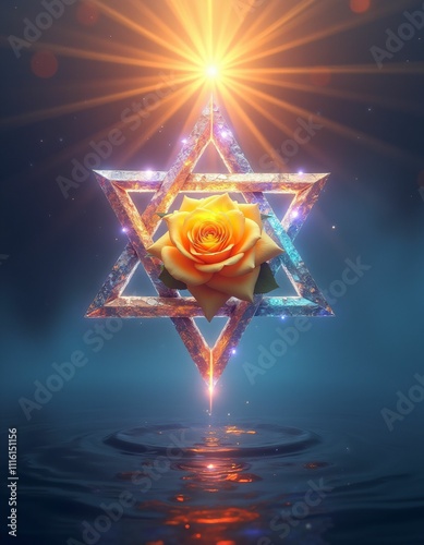 star of David on diamond with a rose in the middle, in the mists, background is a big oceanus, three-dimensional vivid view, colorful light colors, spiritual, meditation, red blue yellow green and pur photo