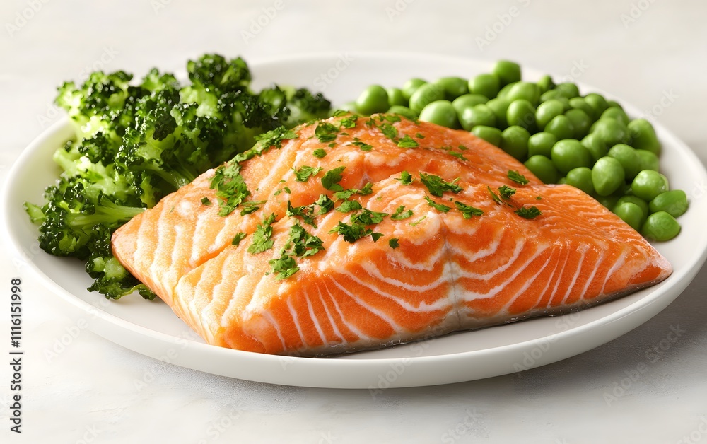 A plate featuring grilled salmon, broccoli, and green peas, showcasing a healthy meal. A plate featuring grilled salmon, broccoli, and green peas, showcasing a healthy meal.