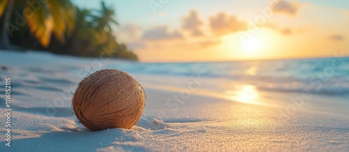 Coconut on sandy beach at sunset with soft focus creating a tranquil tropical atmosphere photo