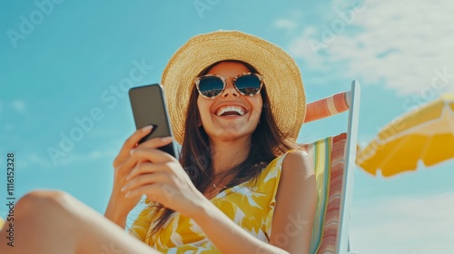 Wallpaper Mural Happy woman at the beach on beach deck chair, sunbathing, uses mobile phone, in a sunny day with blue sky, concept a summer beach holiday, online shopping, booking travel, and resorts  Torontodigital.ca