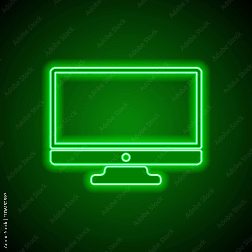 Monitor simple icon vector. Flat design. Green neon on black background with green light Monitor simple icon vector. Flat design. Green neon on black background with green light