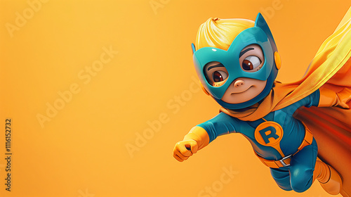 Cute Cartoon Character in Superhero Costume Flying Against Solid Yellow Background
