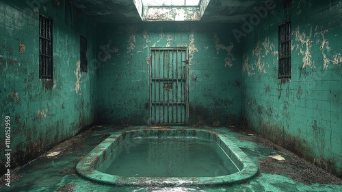 Abandoned jail cell with a green tinted interior and a central empty pool under a dilapidated skylight showcasing urban decay photo