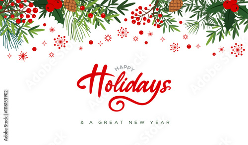 Happy Holidays banner printable, Winter frame border isolated on white, Holiday slide background, 
New year ppt background, template, simple style mistletoe, snowflakes, holly leaves, cliparts