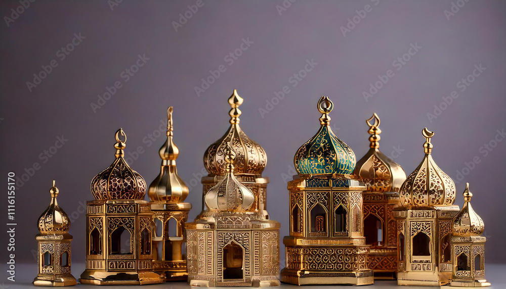 Obraz premium masjid Ramadan themed background with miniature mosque ornaments and Islamic themed ornaments on a plain gray background