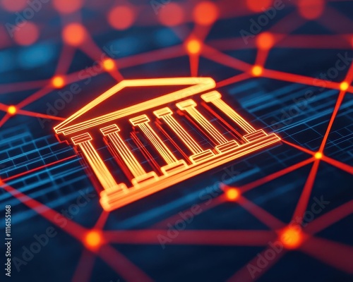 Abstract network of US financial institutions connected by glowing lines to a central Federal Reserve symbol