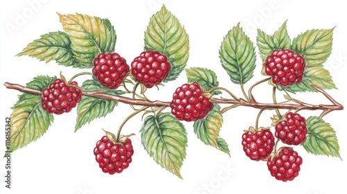 Ripe raspberry berries on a green branch illustrating vibrant summer harvest and fresh fruit abundance in nature photo