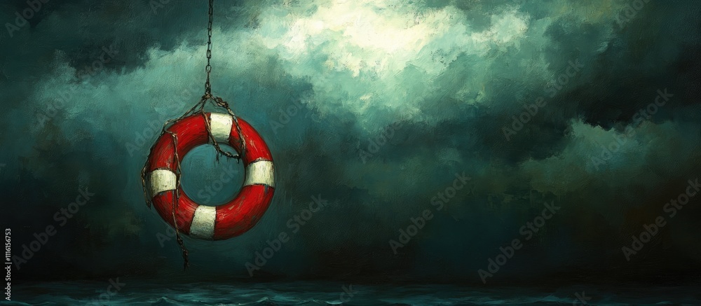 Obraz premium Hanging rescue buoy against a stormy sky symbolizing safety and hope in turbulent maritime conditions