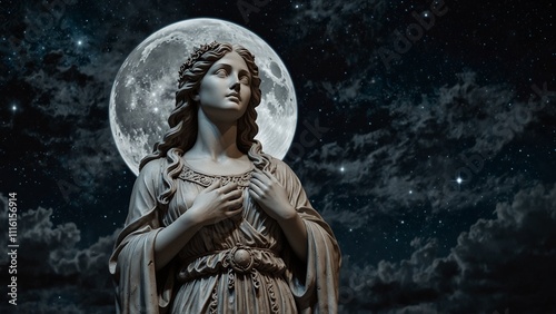Statue of Selene, the moon goddess, holding a silver moon, dressed in a robe adorned with stars, set against the backdrop of a moonlit night sky, with carvings depicting her deep connection to the nig