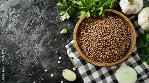 Top angled view of nutritious food ingredients including buckwheat, vibrant onions, and garlic arranged on a bamboo tray, set against a black and white checkered background, healthy eating, food prepa photo