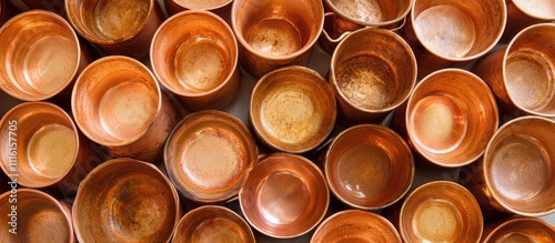 Copper mugs arranged in a flat layout showcasing texture and reflections suitable for cocktail presentation and bar aesthetics photo