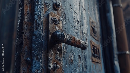 Rustic steel door texture with weathered paint and vintage hardware showcasing wear and character for industrial or vintage design themes photo