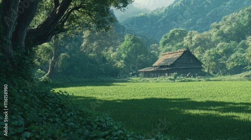 Serene sunrise over a lush green paddy field village surrounded by mountains and trees, showcasing tranquil rural beauty and nature's calmness. photo