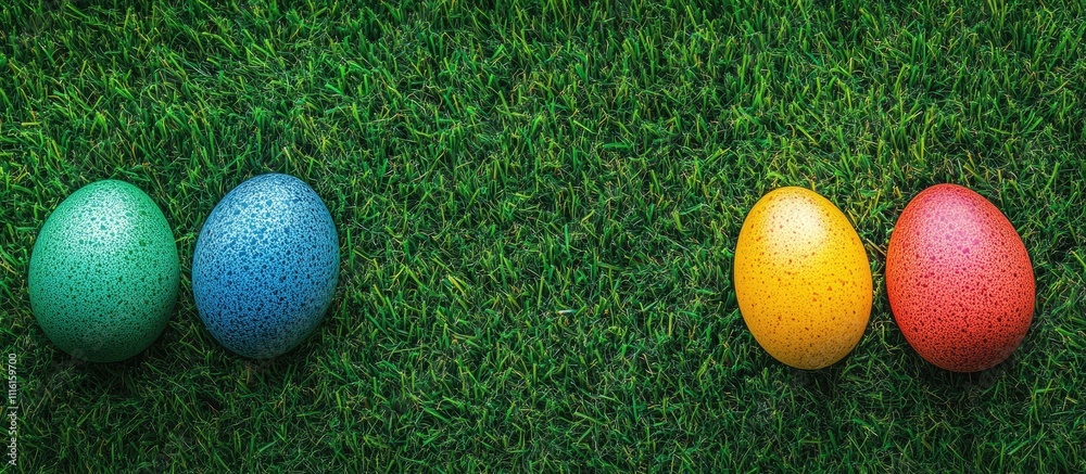 Naklejka premium Vibrant colored Easter eggs arranged on lush green grass creating a festive springtime atmosphere for seasonal celebrations
