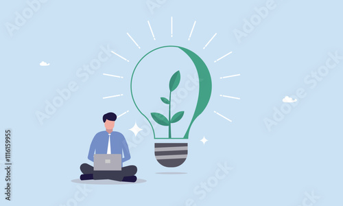 ESG concept, businessman working with computer and green sustainable lightbulb, ecology company culture or social responsibility strategy, Sustainability business or environmental care in office.