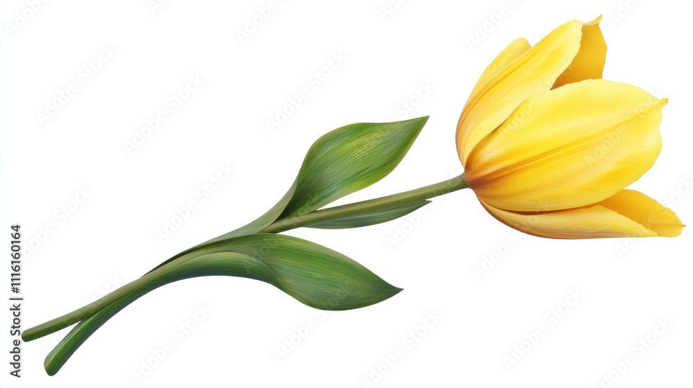 Yellow tulip flower with green leaves elegantly displayed on a white background symbolizing beauty and renewal in nature. Yellow tulip flower with green leaves elegantly displayed on a white background symbolizing beauty and renewal in nature.