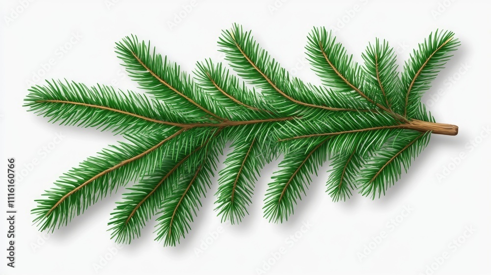 Obraz premium Top view of a lush green fir tree spruce branch with detailed needles against a soft, neutral background, nature, botanical illustration, foliage, close-up.