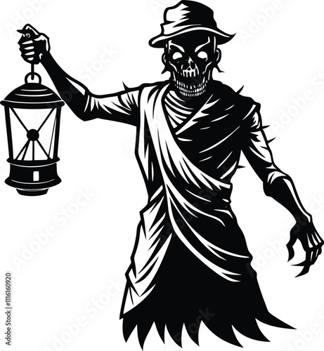 Black Silhouette of a Horror Ghost with a Haunting Figure on White Background